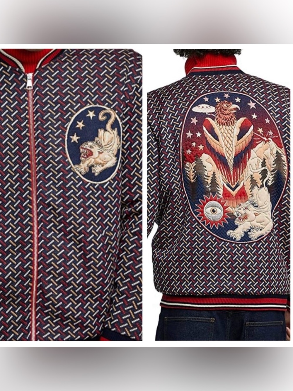 Zara Jacquard Satin Lined Eagle Bird Puma Eye Bomber Jacket SIZE:Large